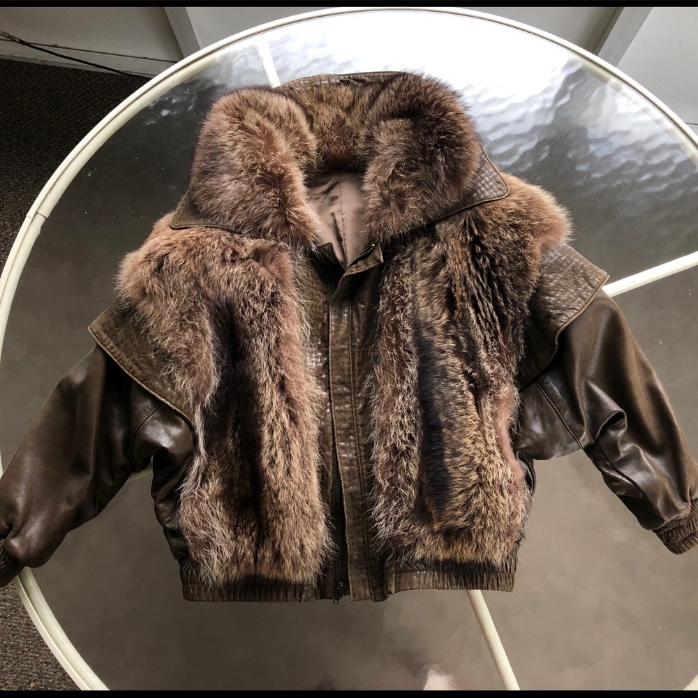 Vintage Leather & Raccoon Fur Bomber Jacket